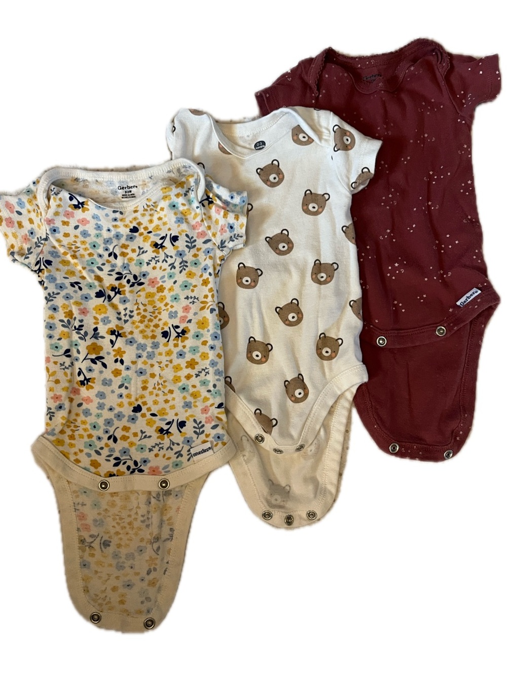 Gerber Floral, Bear Print, and Burgundy Baby One-Piece Bodysuits